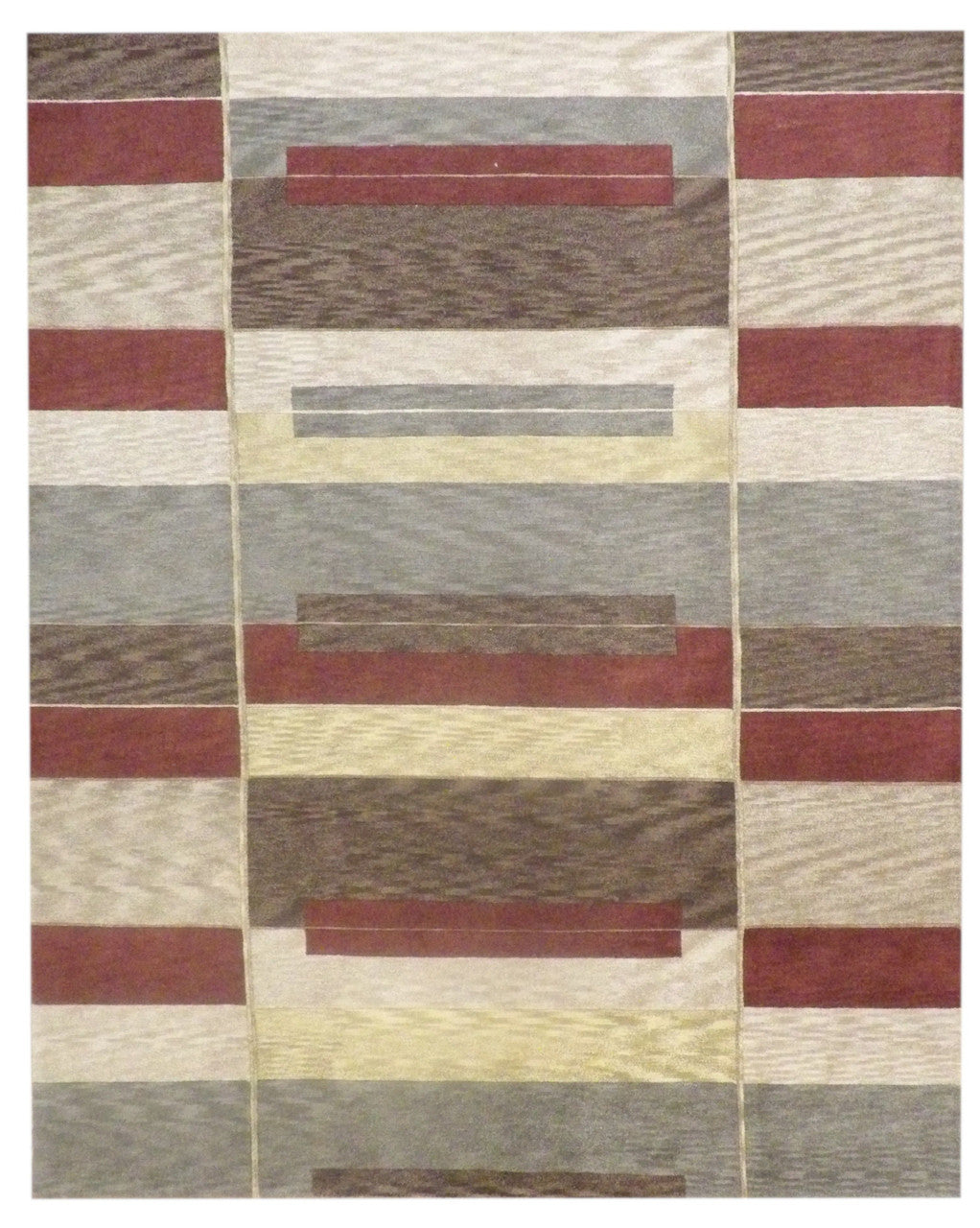 Modern geometrical hand-knotted wool rug in gold and red, full view