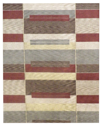 Modern geometrical hand-knotted wool rug in gold and red, full view