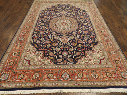 Close-up of wool-silk pile, blue and pink rug