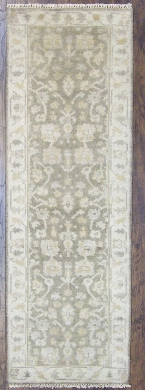 Turkish Oushak natural dye hand-knotted wool runner in green and beige, full view