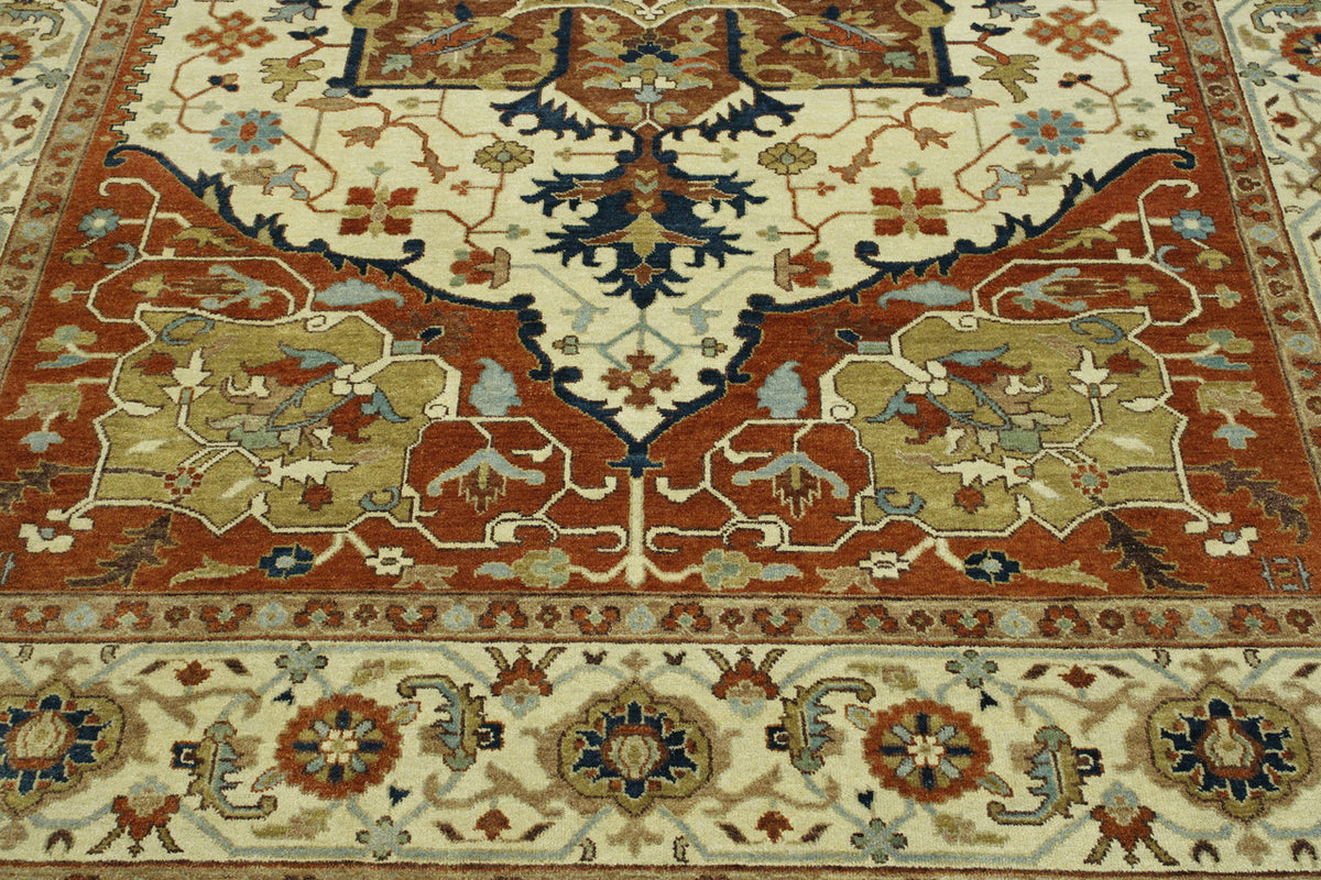 Tribal Heriz hand-knotted wool rug in Beige & Rust, full view
