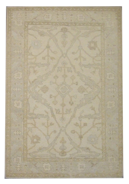 Anatolian Oushak hand-knotted wool rug in blue and ivory, full view