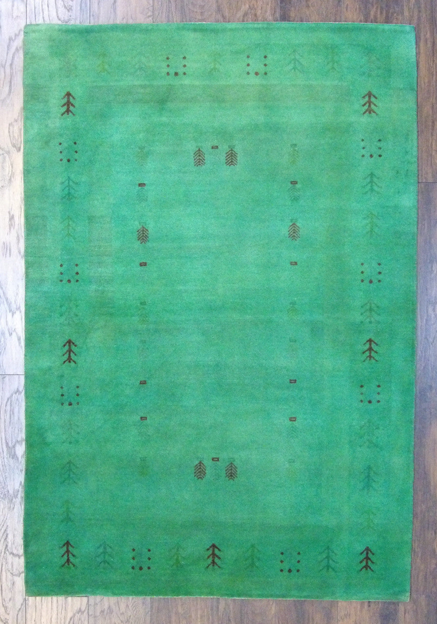 Overdye Gabbeh hand-knotted wool rug in Green, full view