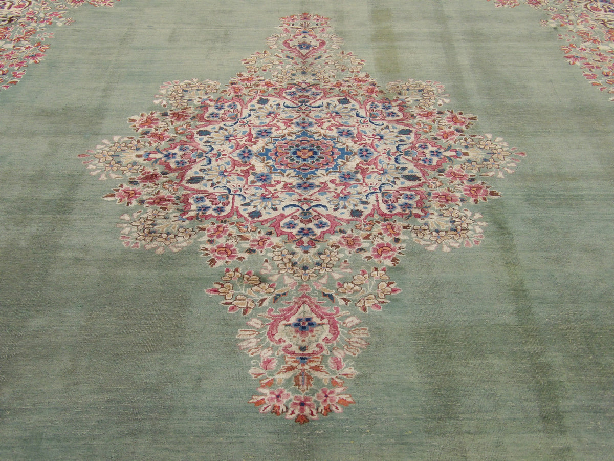Close-up of wool pile, Green & Red rug