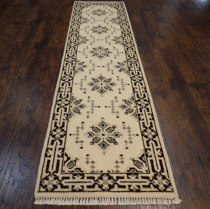 Close-up of wool pile, brown and ivory runner