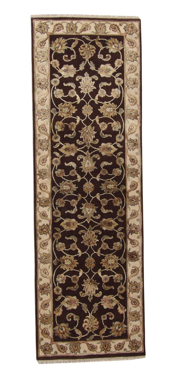 Traditional Agra High Low hand-knotted wool-silk rug in Brown, full view