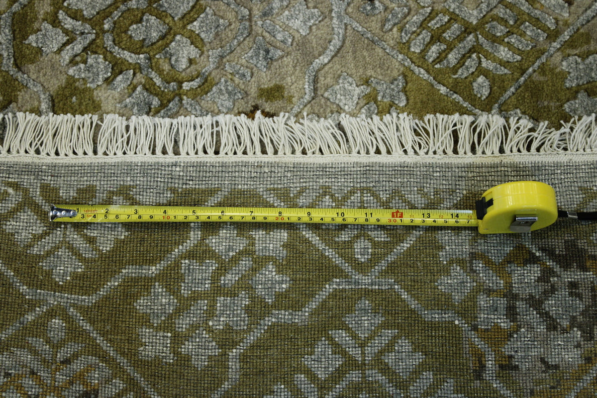 Modern Ikat Design hand-knotted wool-silk rug in Gold & Gray, full view