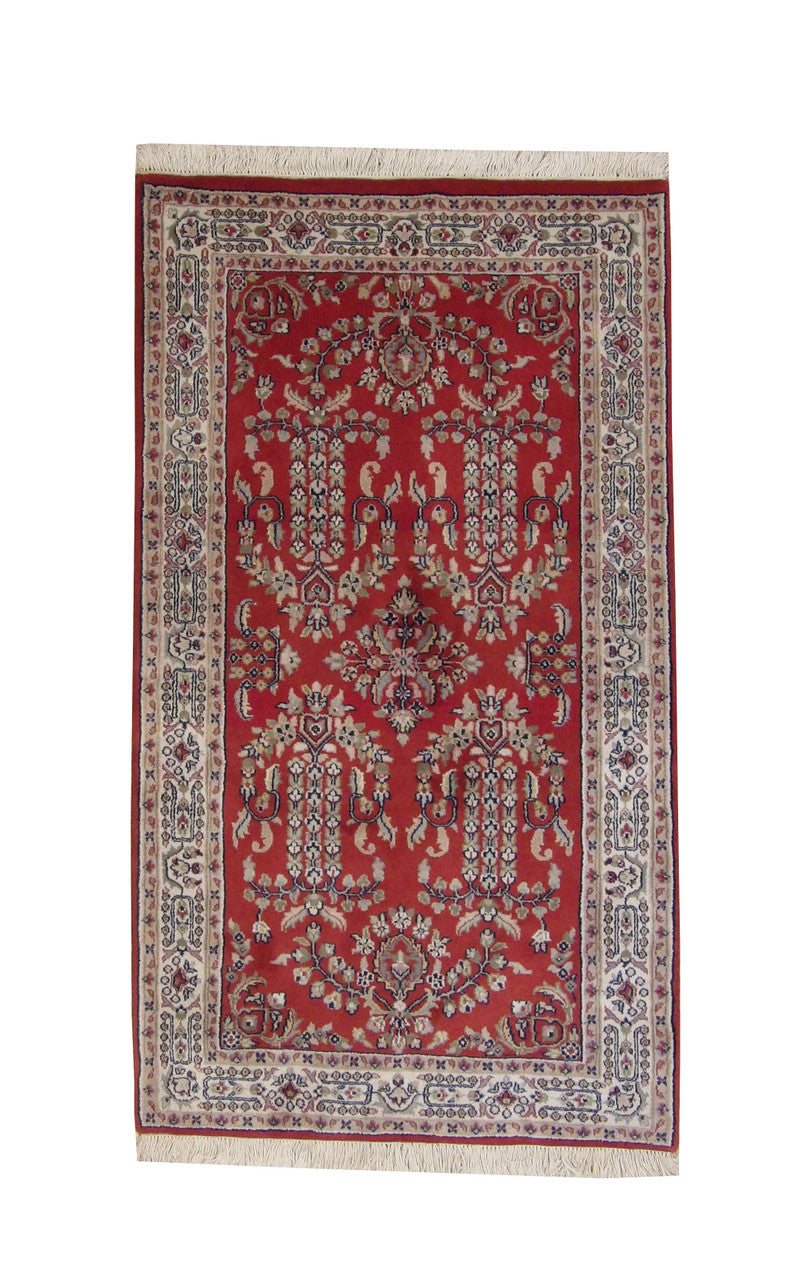 Traditional Indo Sharookh hand-knotted wool rug in Beige & Red, full view