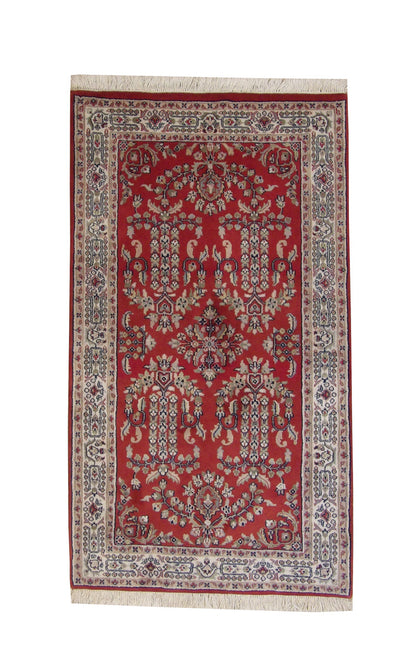 Traditional Indo Sharookh hand-knotted wool rug in Beige & Red, full view