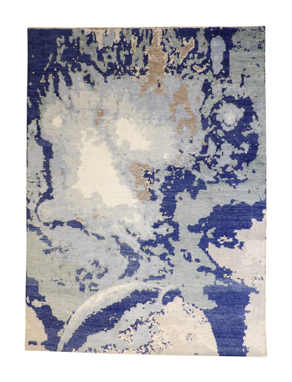 Modern Abstract Distress Design hand-knotted silk rug in Blue & White, full view