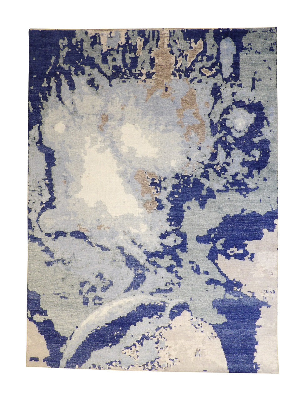 Modern Abstract Distress Design hand-knotted silk rug in Blue & White, full view