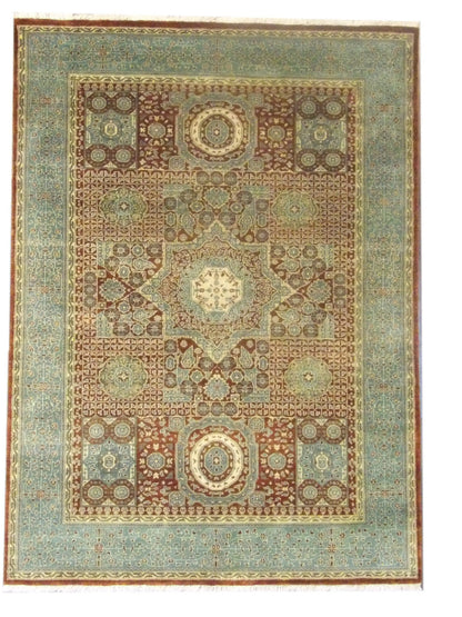 Fine Persian Mamluk hand-knotted wool rug in green and rust, full view
