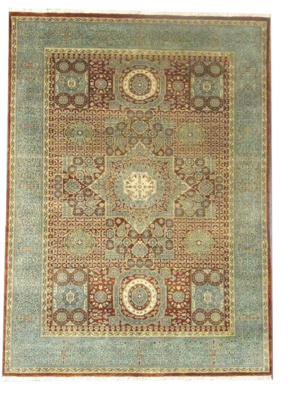 Fine Persian Mamluk hand-knotted wool rug in green and rust, full view