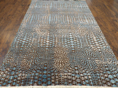 Close-up of wool-silk pile, blue and brown rug
