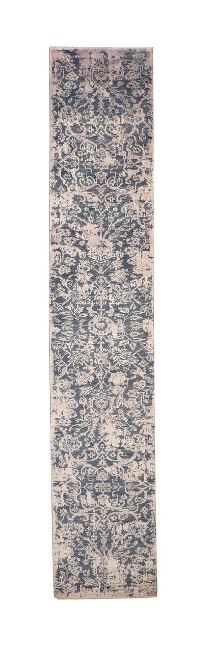 Modern / Contemporary hand-knotted wool/silk runner in Blue, 2'8" x 14'1", SKU w20164