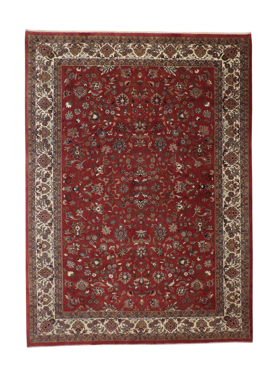 Traditional Fine Herati hand-knotted wool rug in Beige & Red, full view