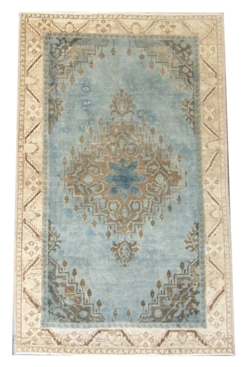 Overdye Anatolian vintage Oushak hand-knotted wool rug in beige and teal, full view