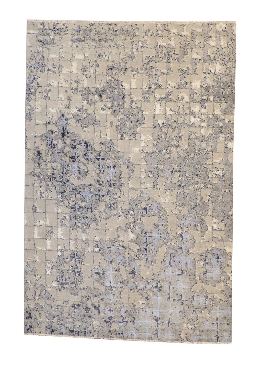 Transitional Abstract Design hand-knotted wool-silk rug in Blue & Gray, full view