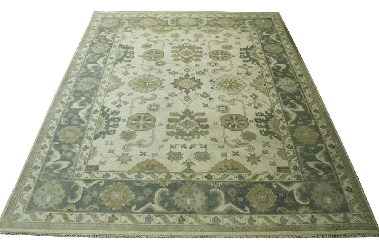 Close-up of wool pile, Green & Beige rug