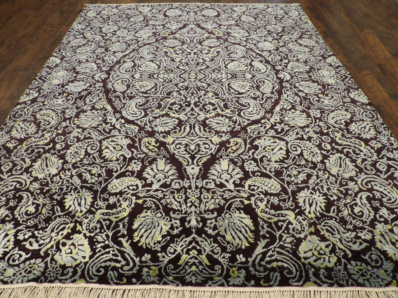 Close-up of wool-silk pile, Blue & Brown rug