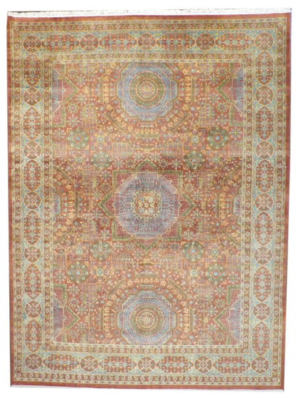 Mamluk Oushak Natural Dye hand-knotted wool rug in Rust & Teal, full view