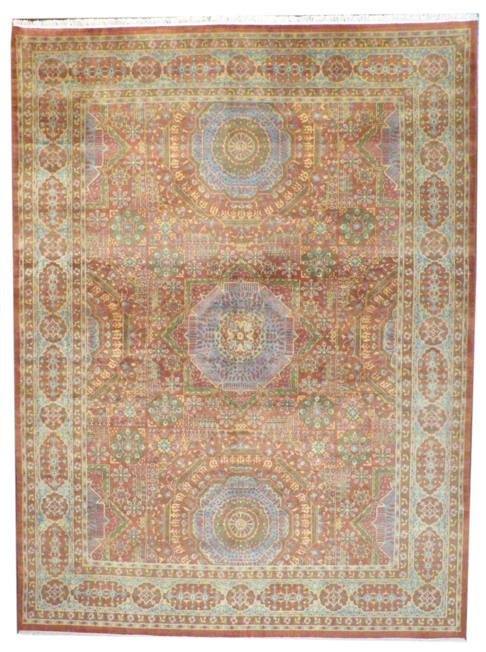 Mamluk Oushak Natural Dye hand-knotted wool rug in Rust & Teal, full view
