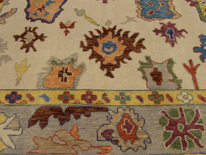 Oushak rug border and corner detail, blue and ivory