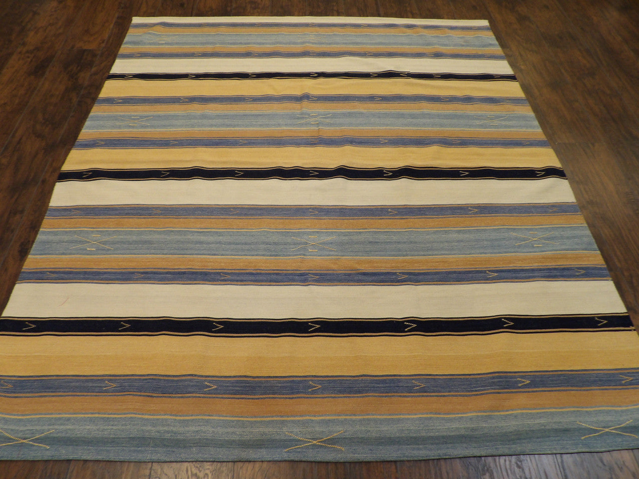 Back of hand-knotted Anatolian stripe rug showing construction