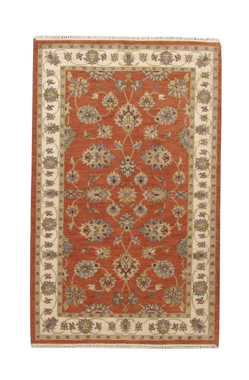 Oushak Agra Chobi hand-knotted wool rug in Beige & Rust, full view