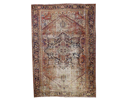Persian antique Heriz hand-knotted wool rug in blue and brown, oversized, full view