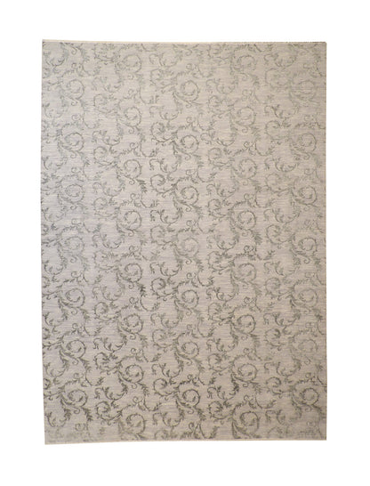 Transitional Leaf Design hand-knotted wool rug in Green & Gray, full view