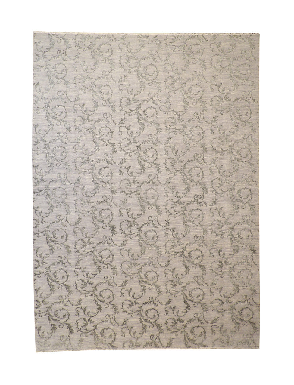 Transitional Leaf Design hand-knotted wool rug in Green & Gray, full view