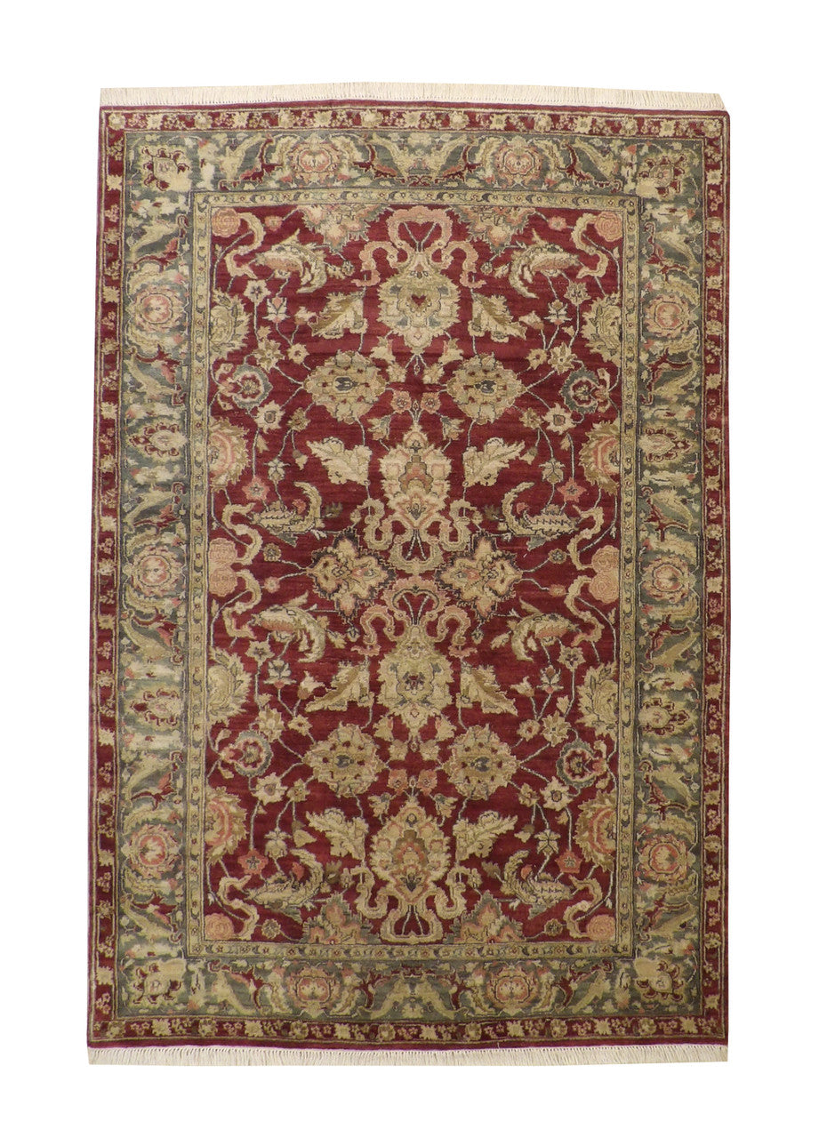 Traditional Mashad Design hand-knotted wool rug in Green & Red, full view