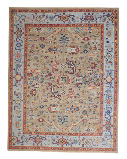 Oushak Colorful Ziegler hand-knotted wool rug in Blue & Beige, full view