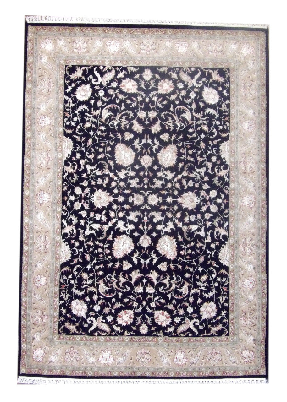 Fine Persian silky Kashan hand-knotted wool-silk rug in black and gold, full view
