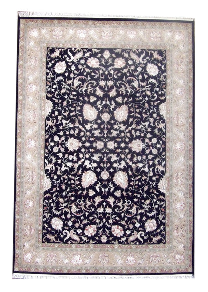 Fine Persian silky Kashan hand-knotted wool-silk rug in black and gold, full view