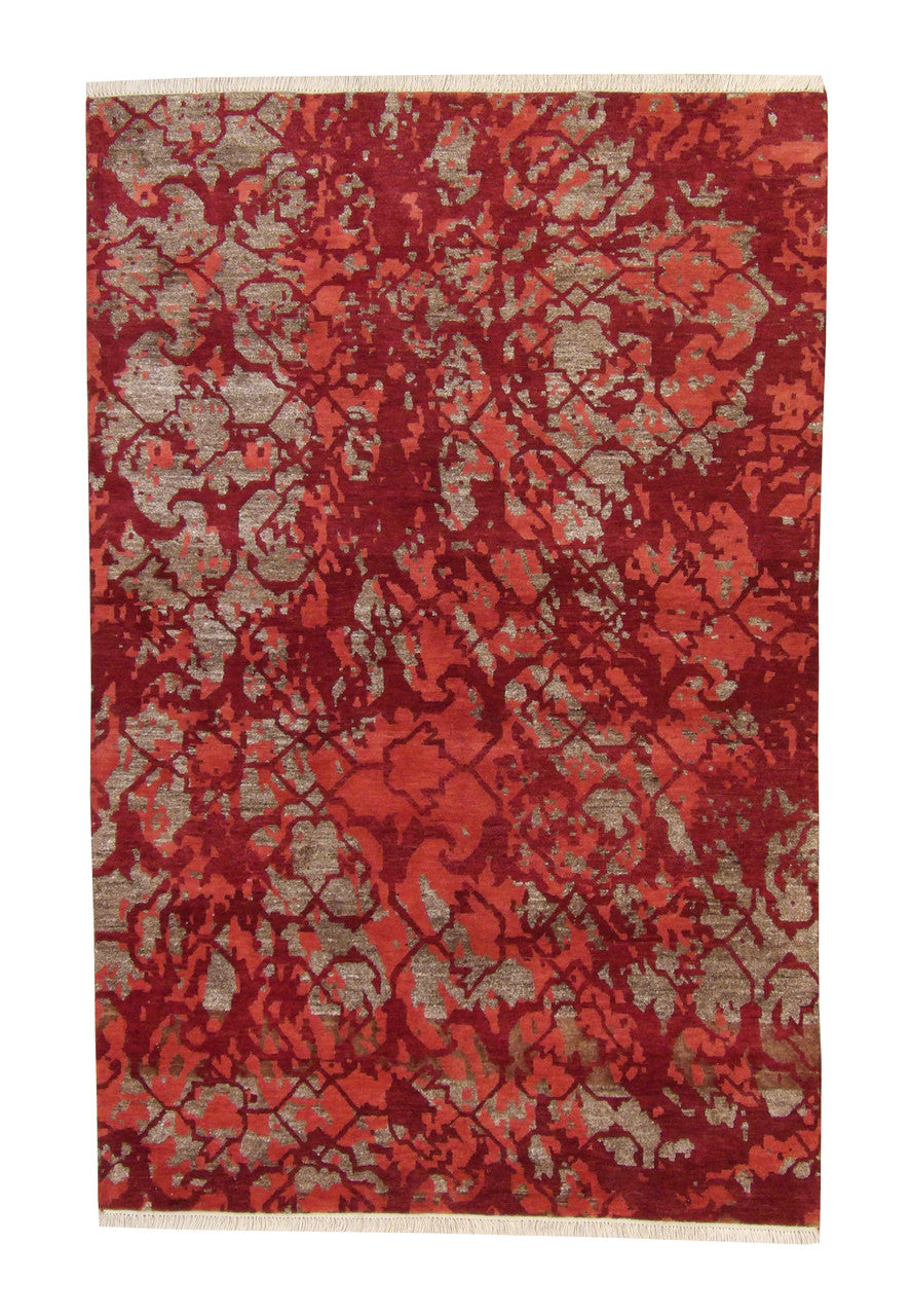 Modern Abstract Design hand-knotted wool-silk rug in Red & Rust, full view