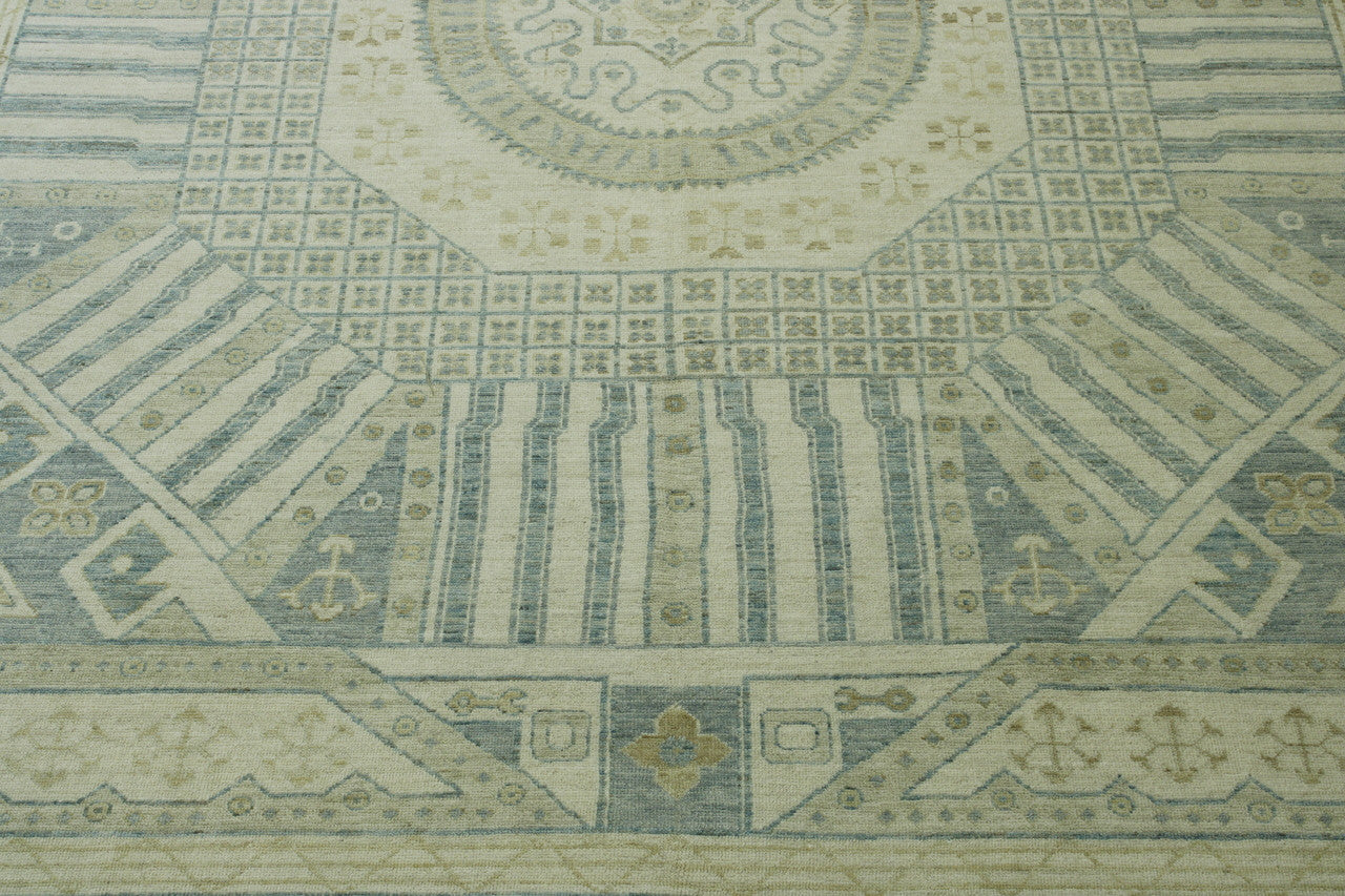 Gray & Beige Oushak Khotan rug in room setting