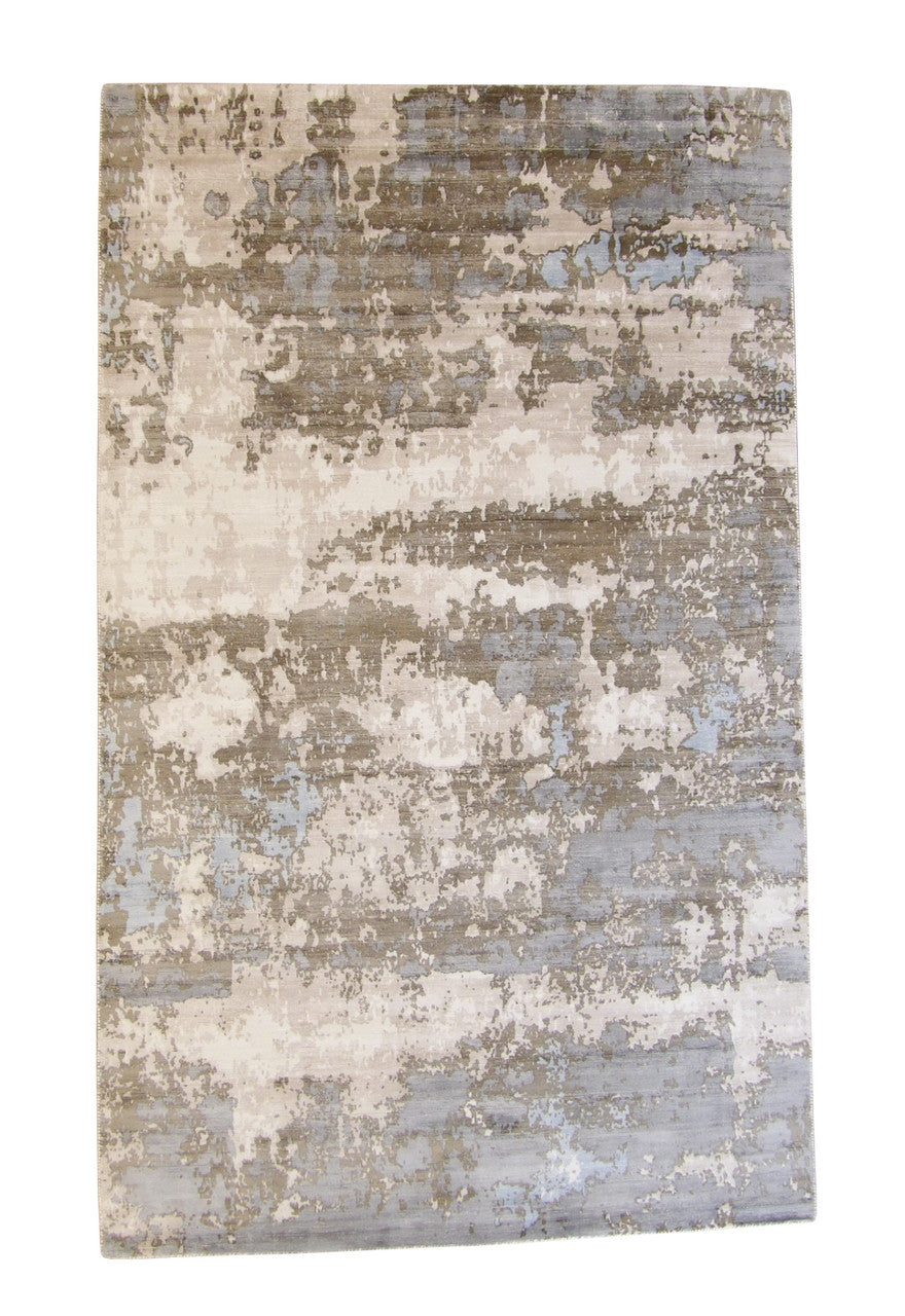 Modern Abstract Design hand-knotted silk rug in Blue & White, full view
