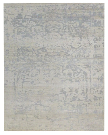 Oushak Chobi hand-knotted wool rug in blue and gold, full view