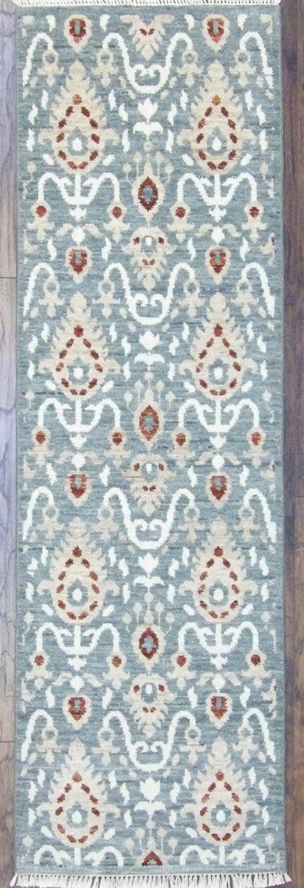 Tribal Ikat Chobi hand-knotted wool runner in blue and beige, full view