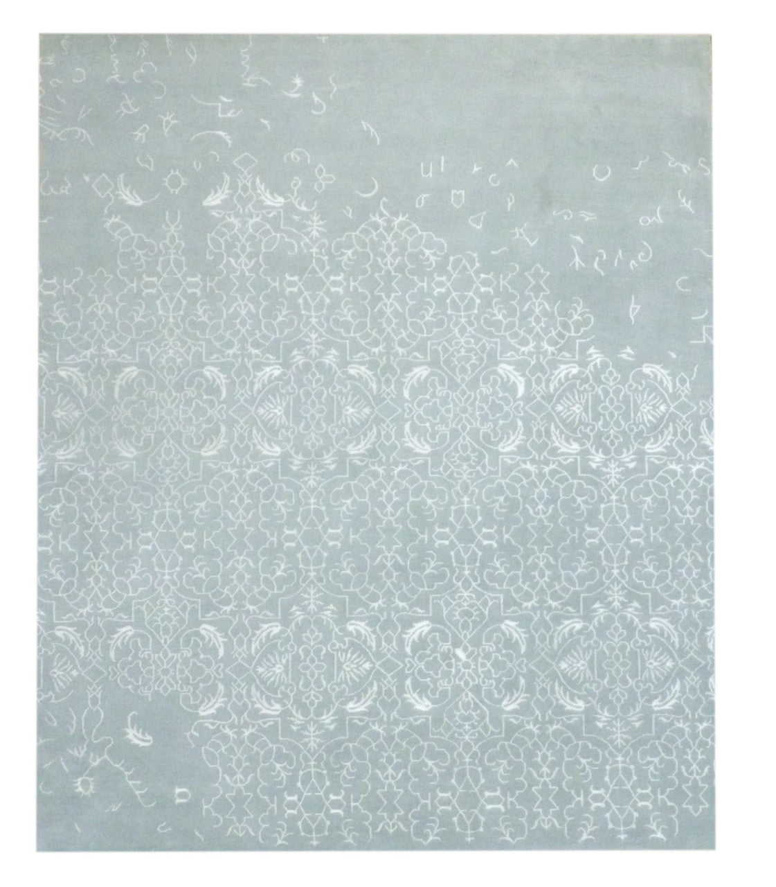 Transitional abstract broken-design hand-knotted wool-silk rug in blue and gray, full view