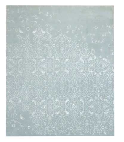 Transitional abstract broken-design hand-knotted wool-silk rug in blue and gray, full view