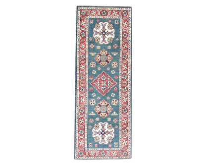 Tribal Kazak hand-knotted wool rug in Green & Red, full view