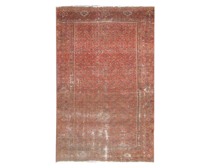 Antique Vintage Worn Out Mir Herati hand-knotted wool rug in Red, full view