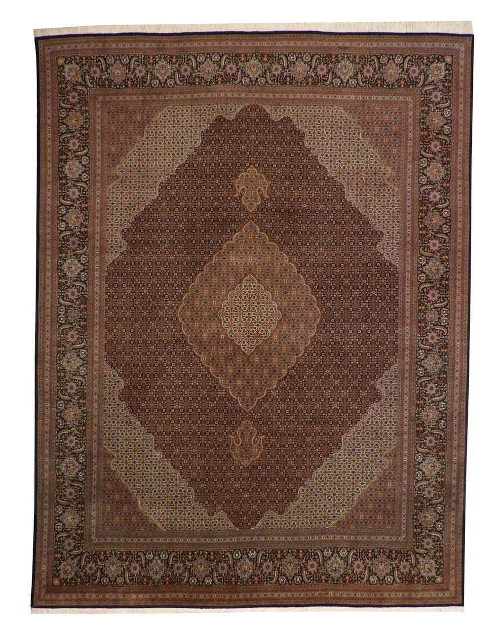 Traditional Mahi Tabriz hand-knotted wool rug in Black & Brown, full view