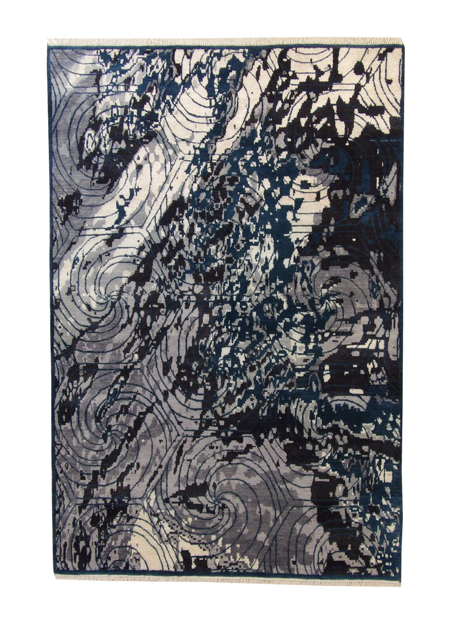 Modern Ikat Design hand-knotted wool-silk rug in Green & White, full view