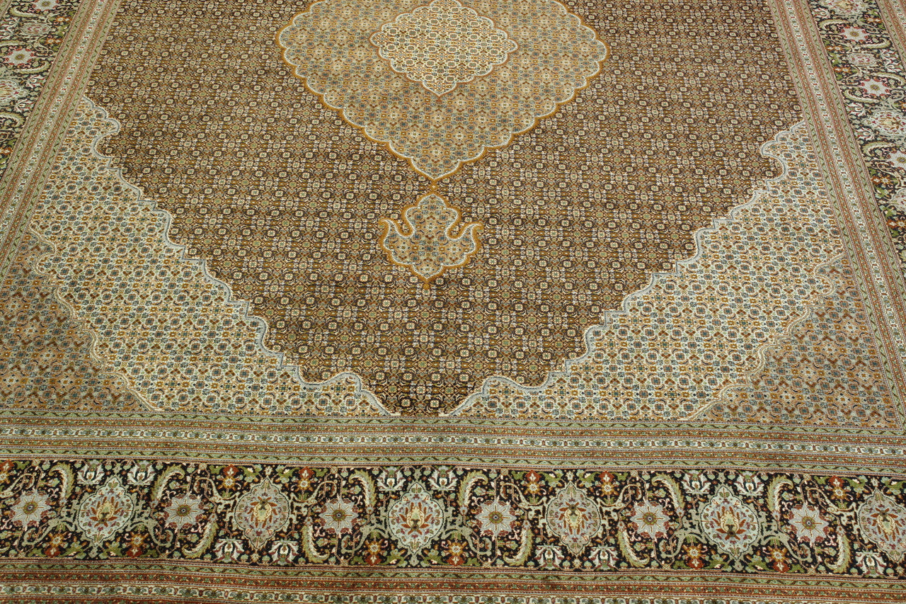 Traditional Mahi Tabriz hand-knotted wool rug in Black & Brown, full view