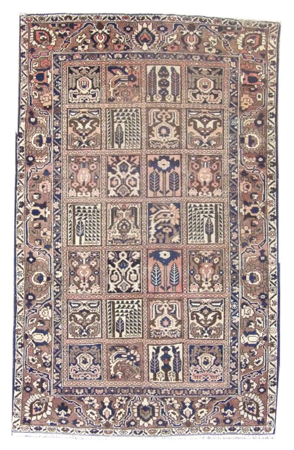 Antique Persian Bakhtiyari hand-knotted wool rug in blue and brown, full view