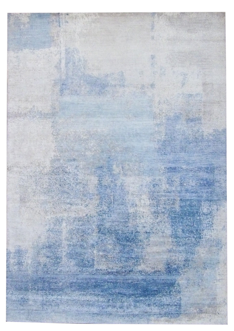 Transitional oxidized broken abstract hand-knotted wool-silk rug in blue and brown, full view, 5x8
